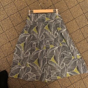 East 5th A-Line Midi-Skirt with Leaf Design in Green and Black and White